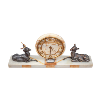 Art Deco clock, pendulum with metal deer, marble and onyx base, art deco clock, fireplace