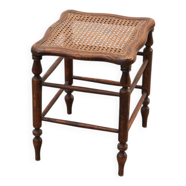 Tabouret en bois français ancien avec assise en osier, début du XIXe siècle