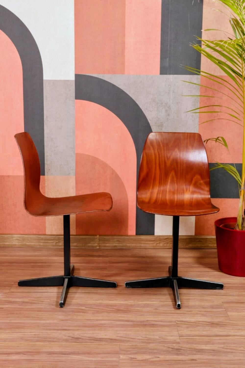 Pair of children's chairs made of plywood, vintage style, metal legs