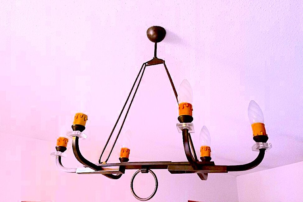 Certified Maison Lunel, bronze chandelier six lights, France mid-century