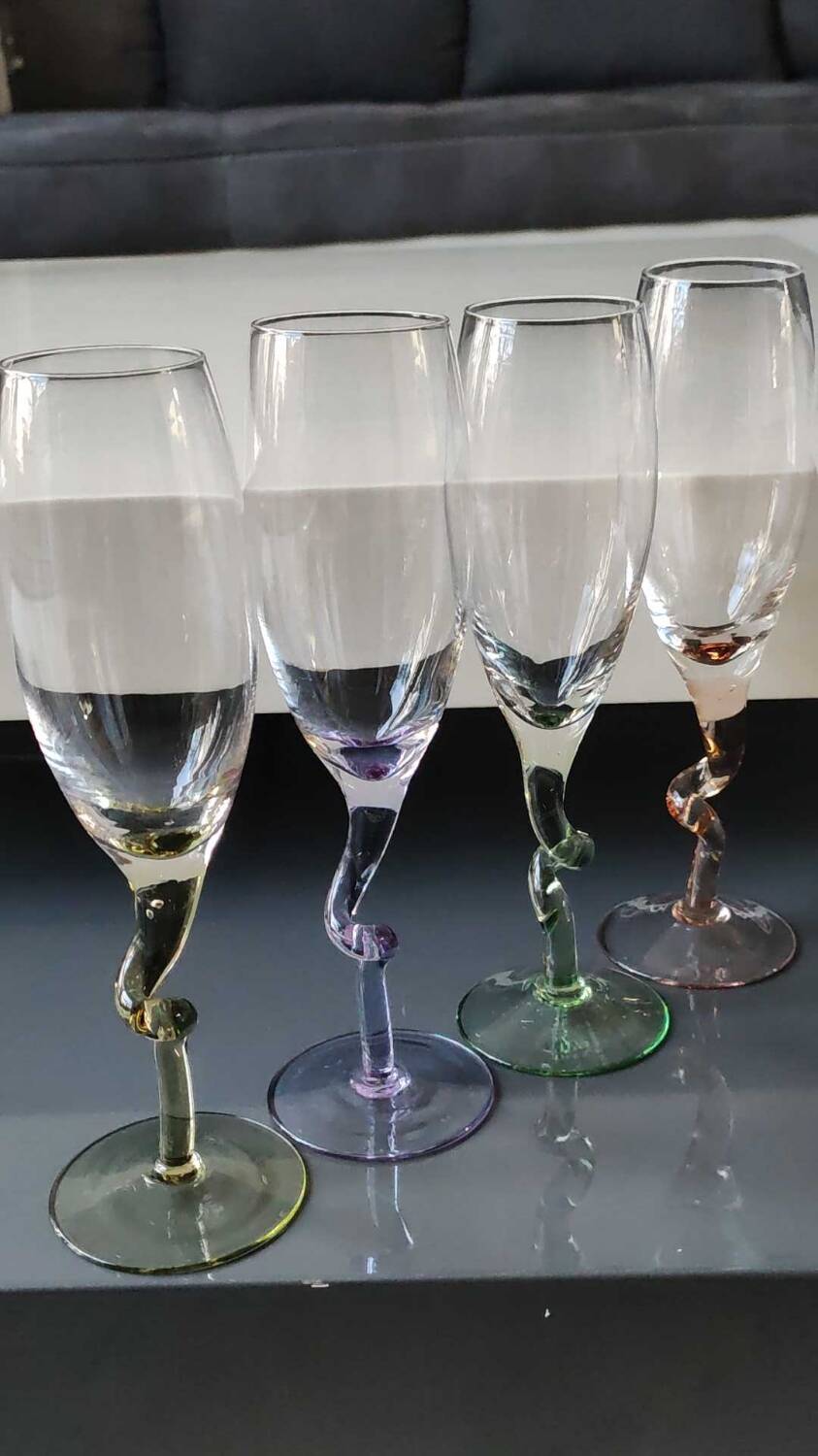 Lot 4 Large Champagne Flutes/Twisted design foot, colorful. High 22.5 cm