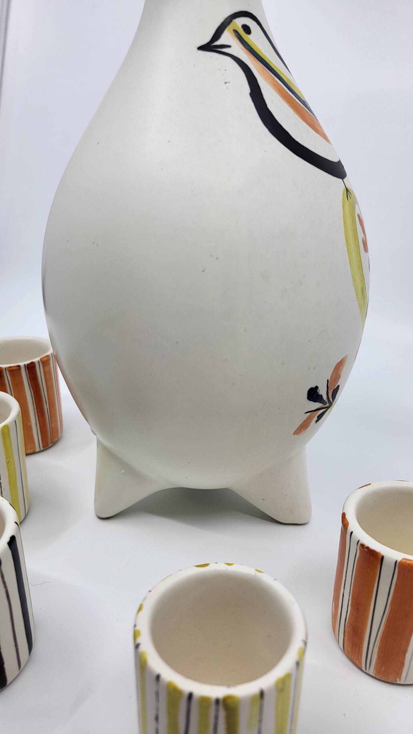 Roger Capron liqueur service bottle and 6 cups in French ceramic Vallauris