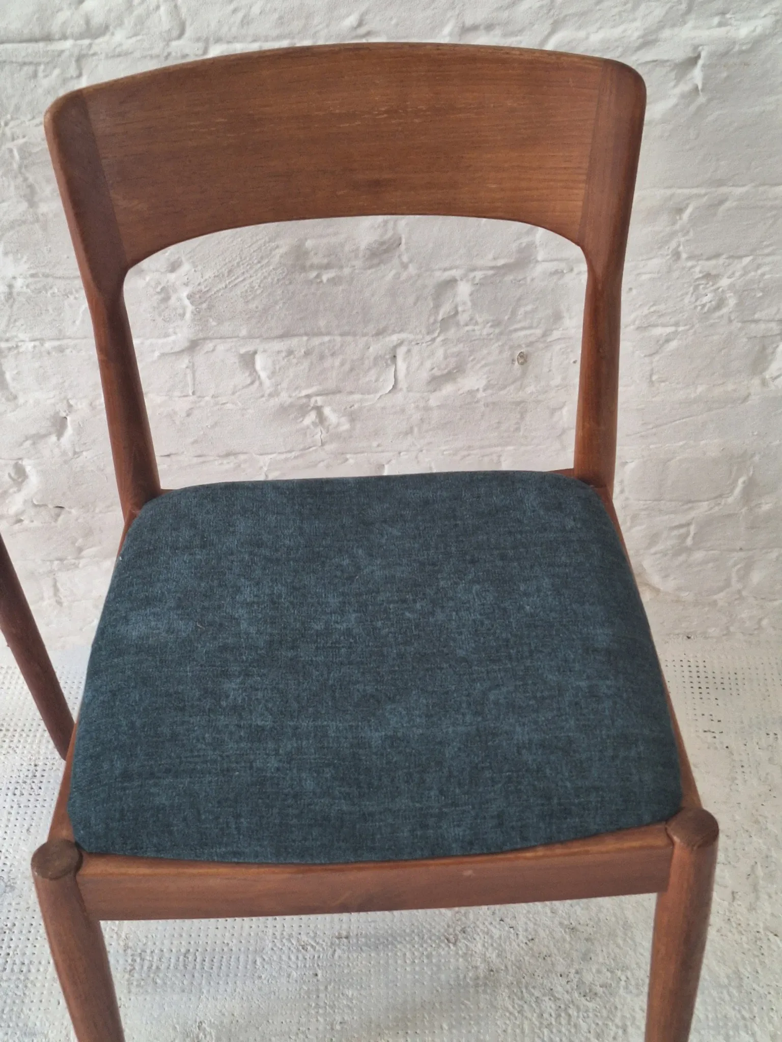 Pair of Henning Kjaernulf teak dining chairs sea blue-green, Denmark 1960s