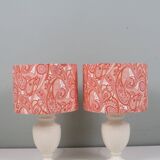 Set of 2 ceramic bedside lamps with paisley pattern shade.