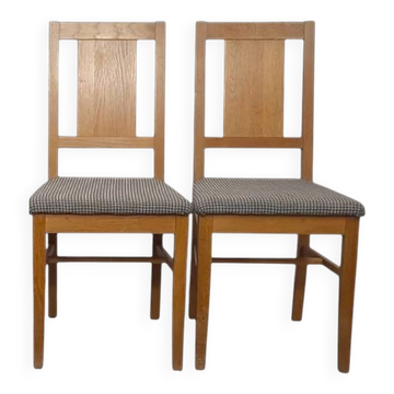 Set of 2 Brutalist chairs in oak and checkered fabric, Denmark, 1960