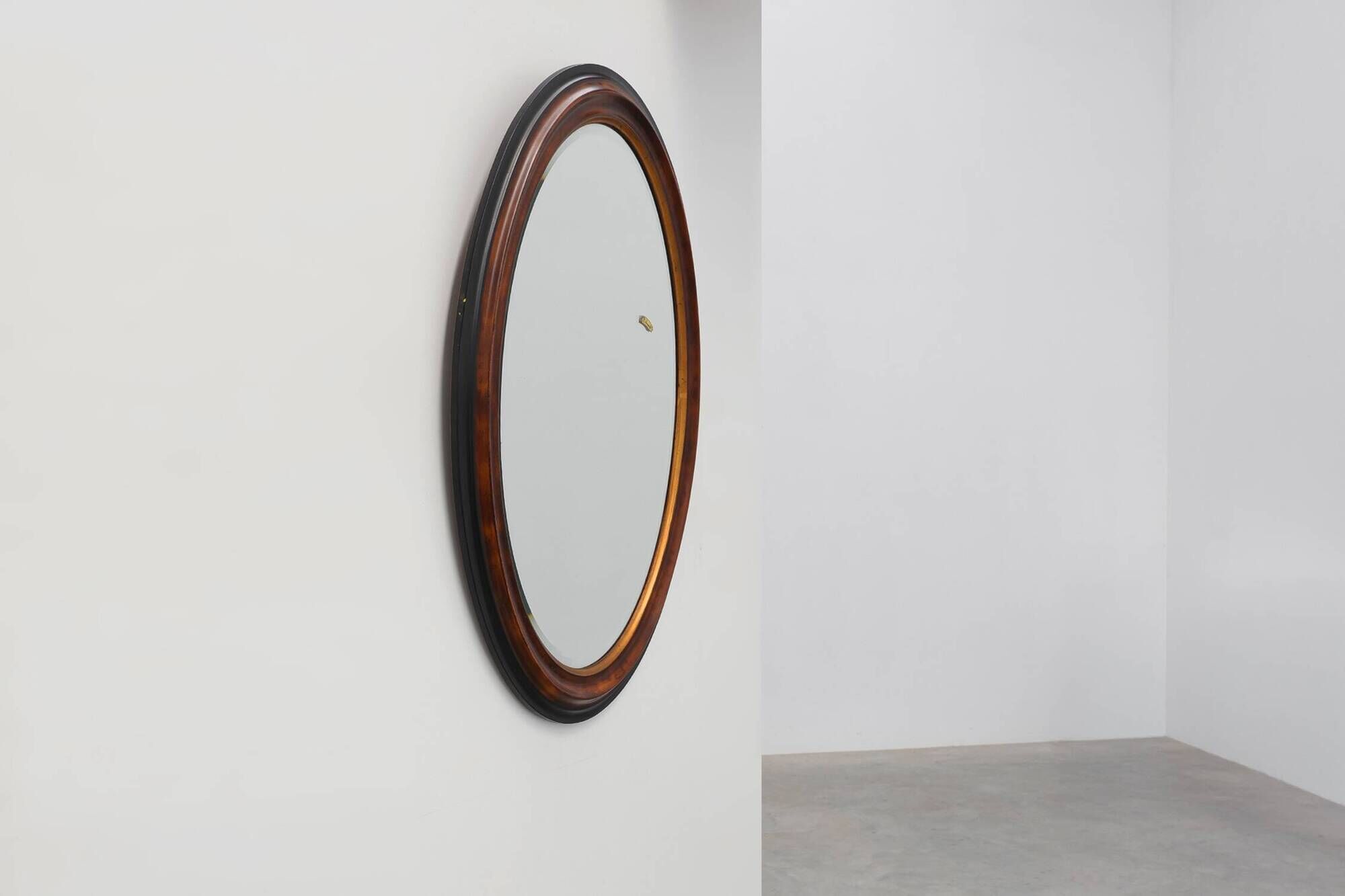 Deknudt Oval Wall Mirror with Walnut-Toned Frame and Gilt Inner Edge, Belgi