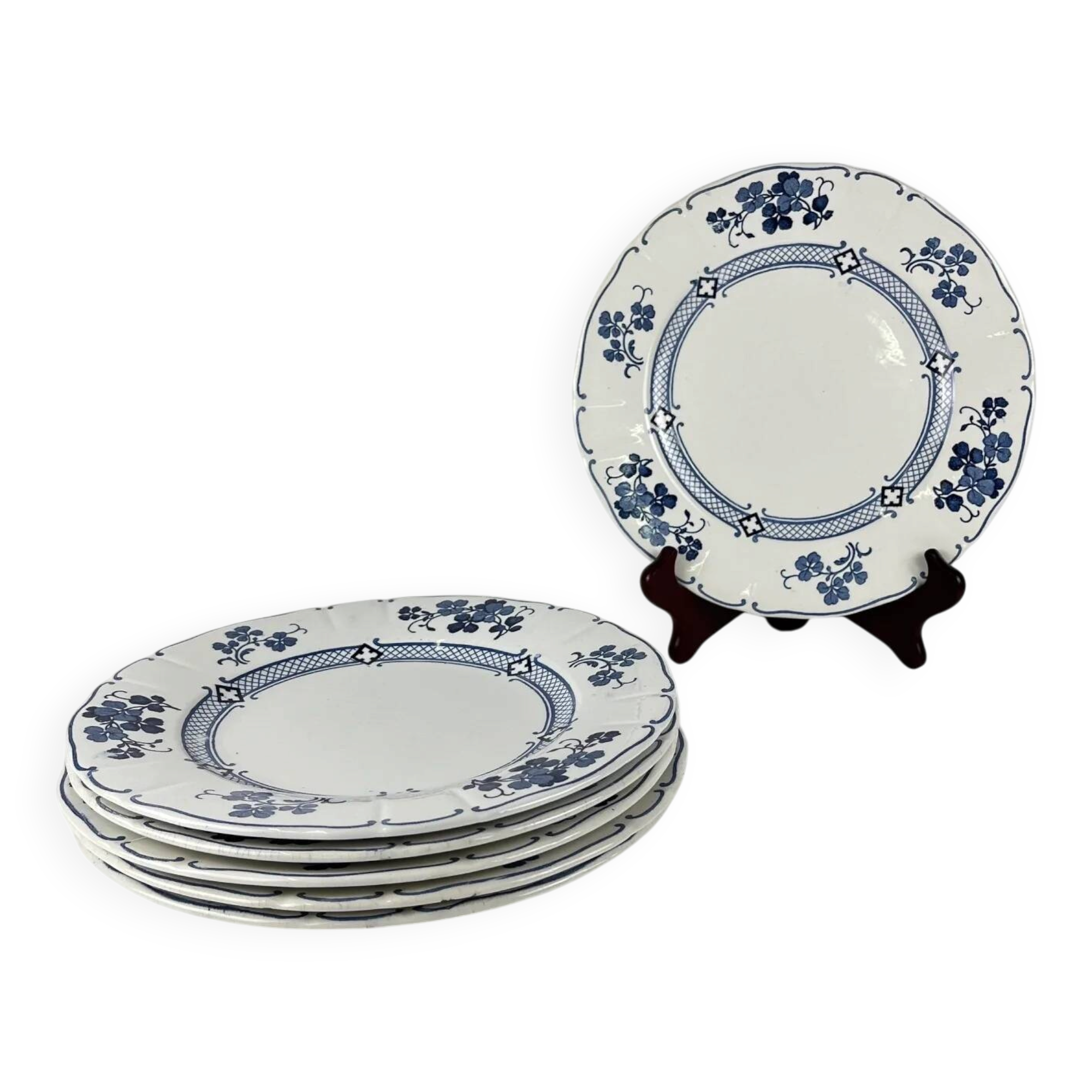 Set of 6 flat plates Terre de Fer KG Lunéville, model "Jane", blue, 1890-1915