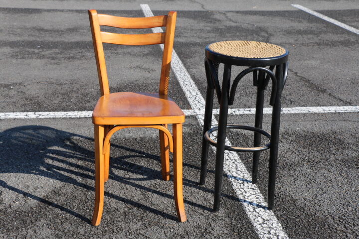 Pair of black canwood bar stools 805mm
