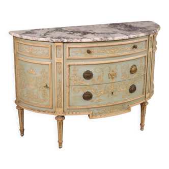 Lacquered half-moon commode with marble top