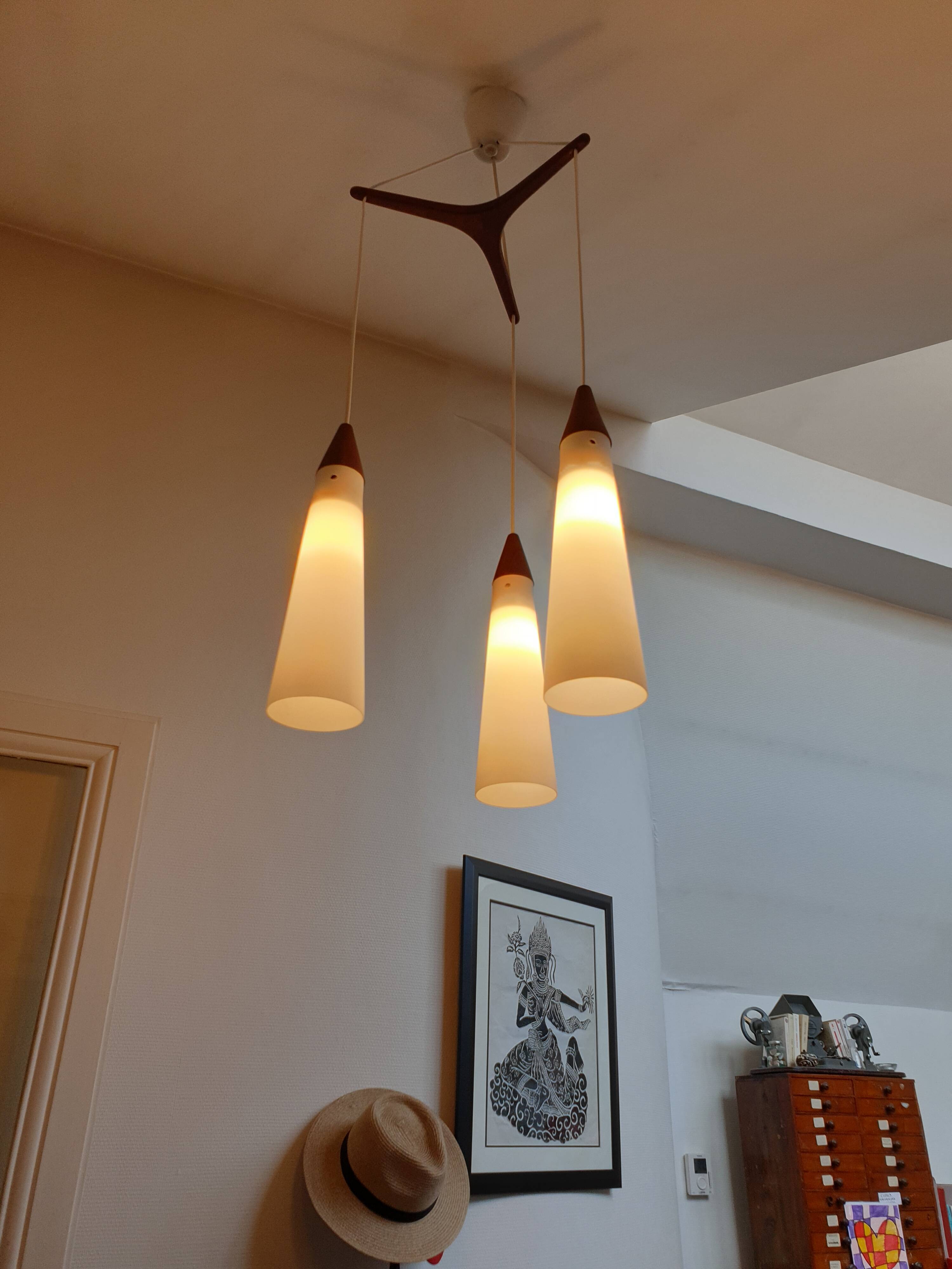 Scandinavian teak and glass pendant light 1960