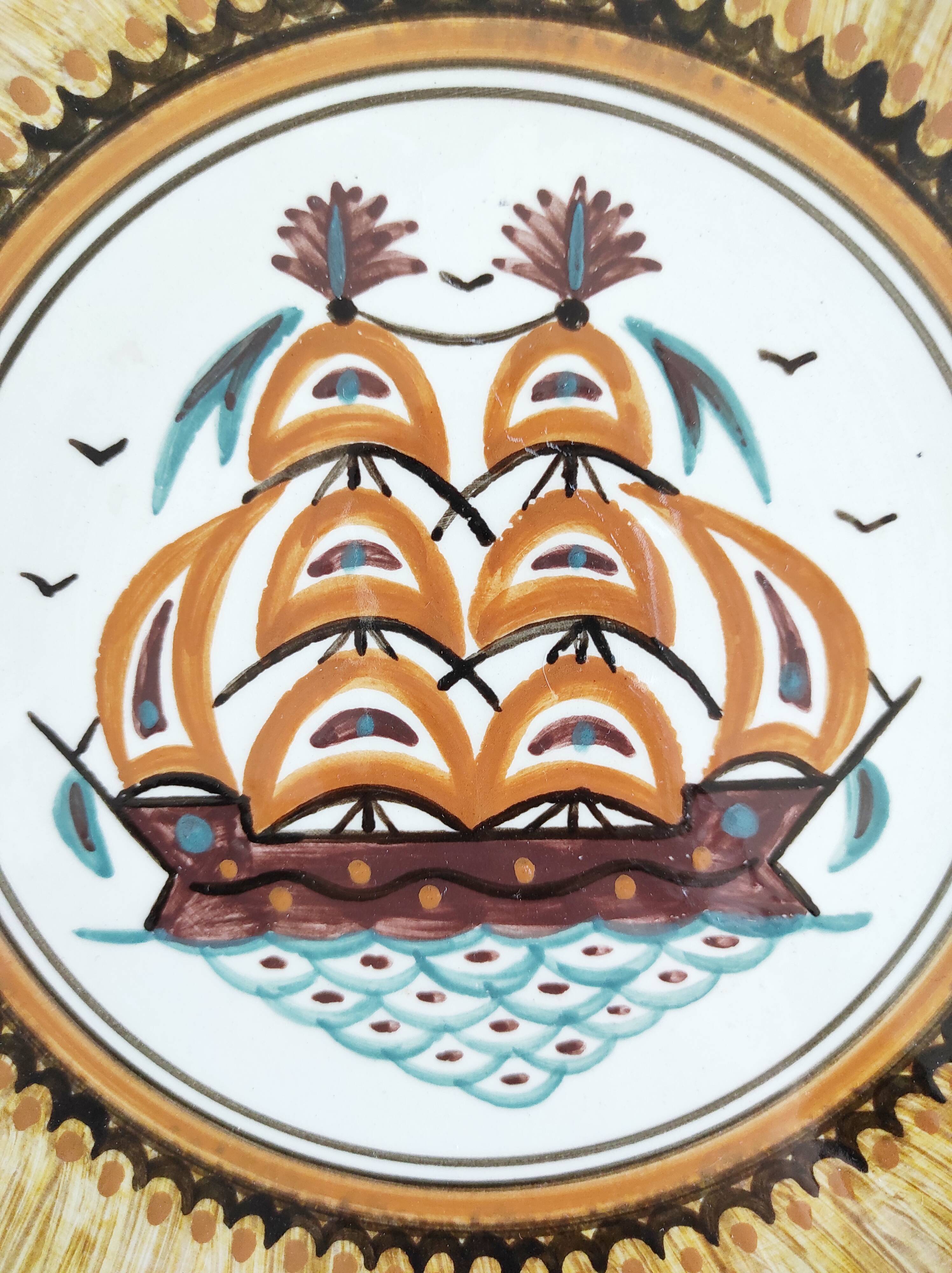 Greek ceramic dish with boat decor