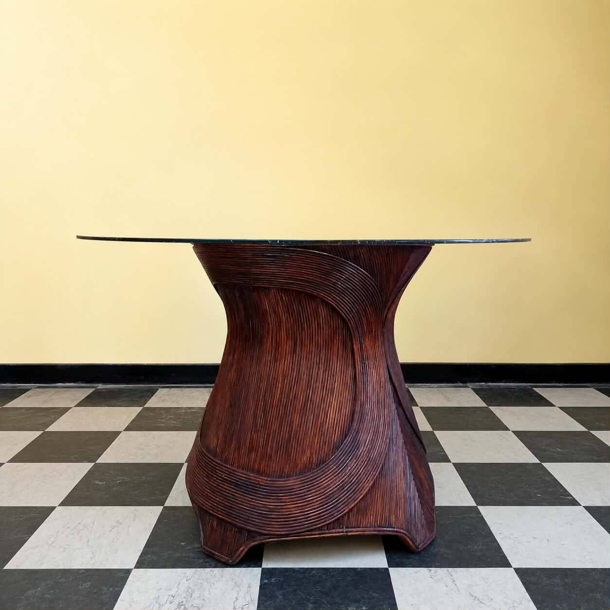 Table marqueterie de rotin vintage 1970