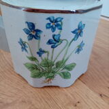 Service à thé en grès émaillé à décor de fleurs bleues, théière et six tasses