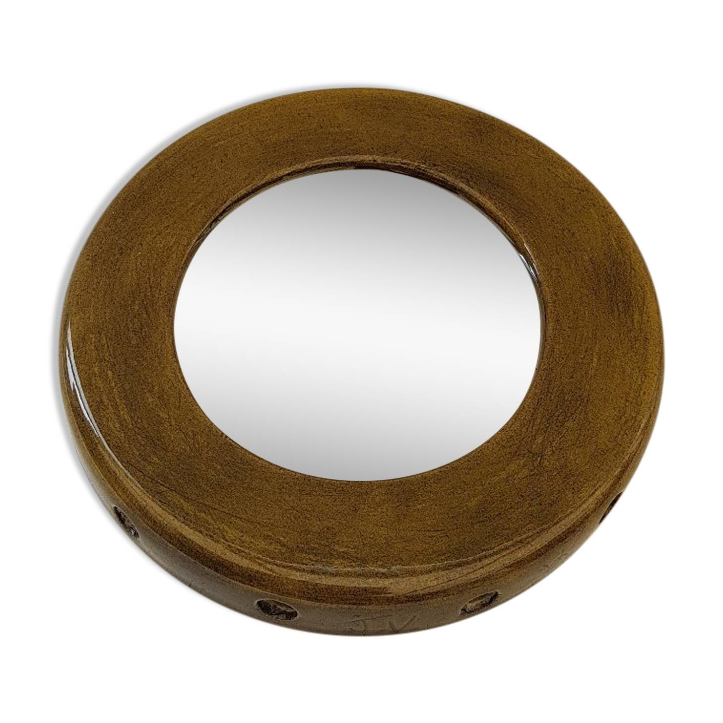 Small round mirror "J.V." 50s signed ceramic 17cm