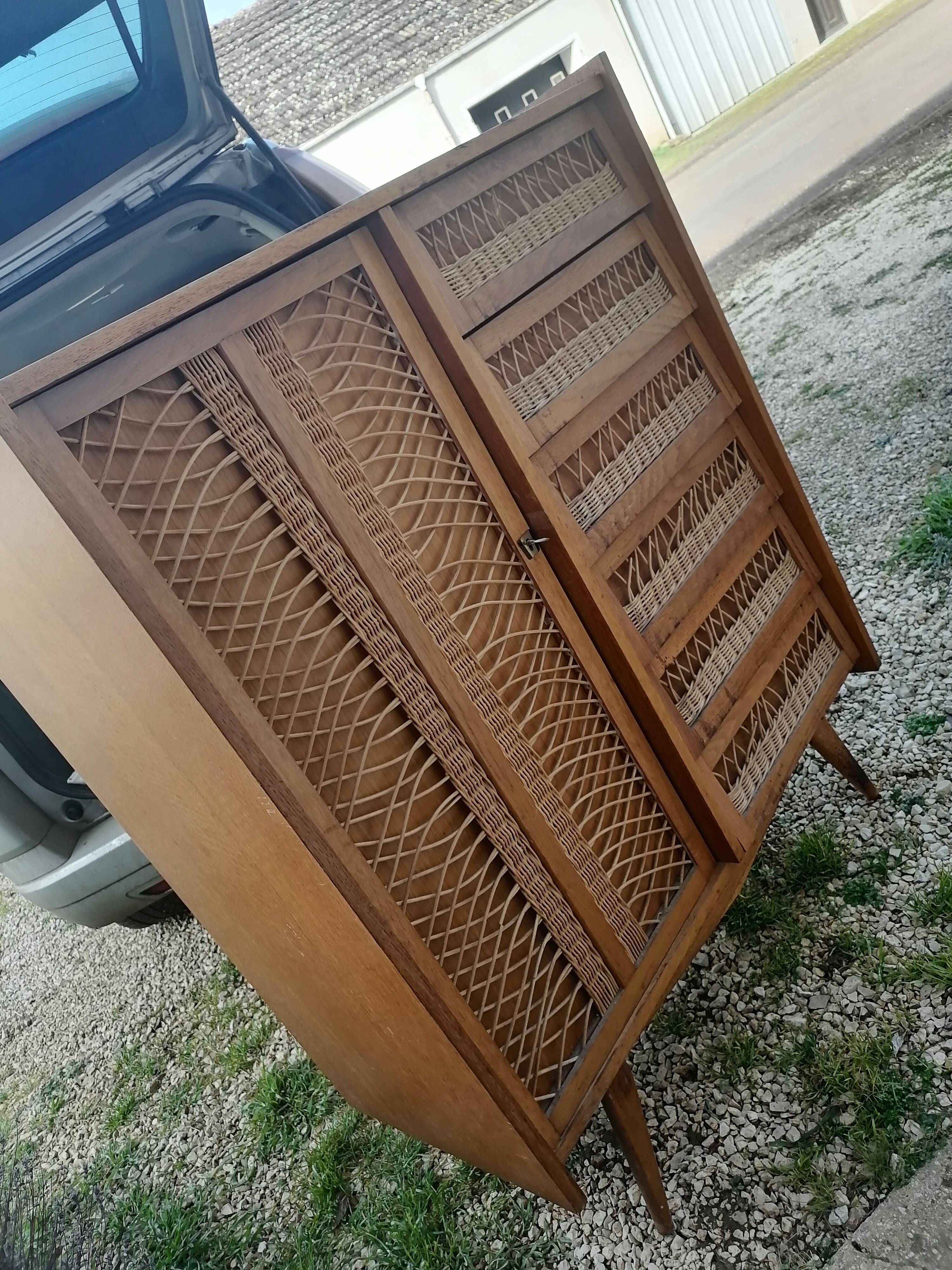 Children's wicker wooden wardrobe, 1960-70 vintage