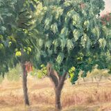 1920s french oil painting / panel. landscape. fields, trees and mountains
