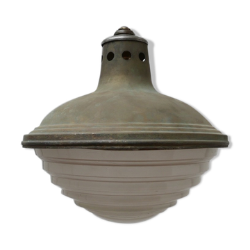 Patinated metal and glass Holophane pendant light