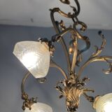 Jugendstil Golden Chandelier with Frosted Glass Shades