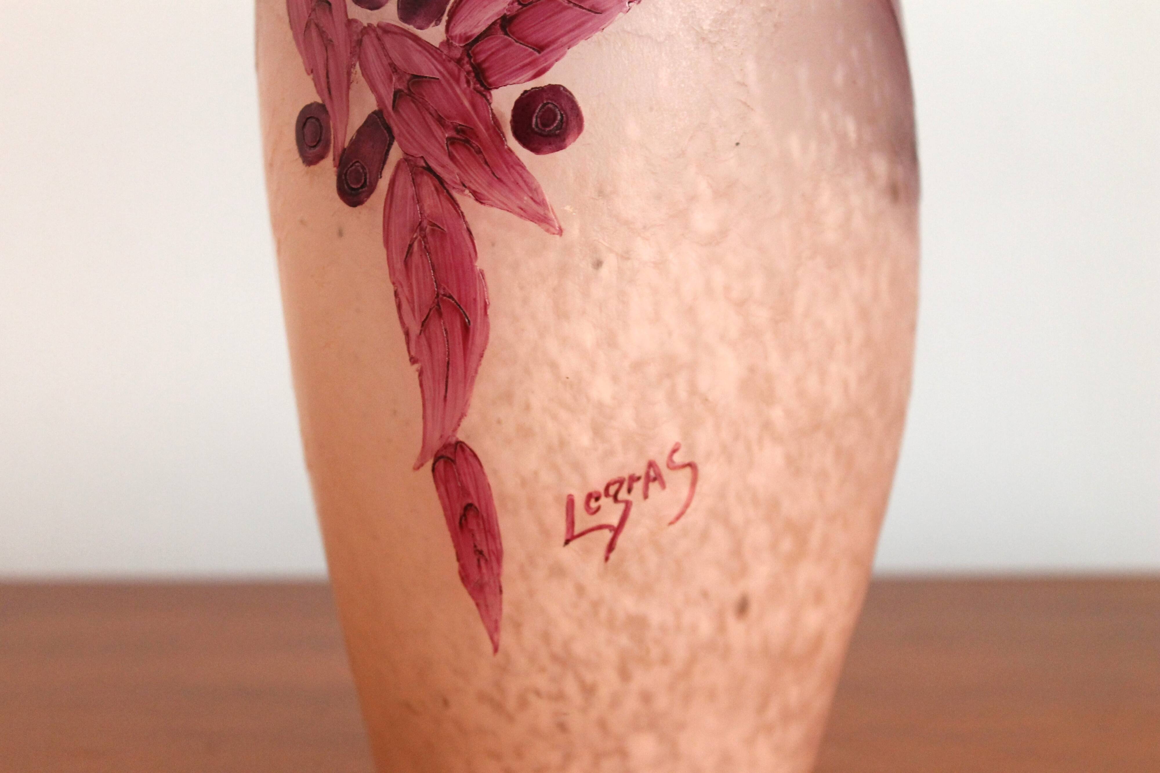 Legras vase ruby series in flowers in acid-etched glass