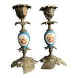 Pair of Napoleon III candlesticks in bronze and floral porcelain