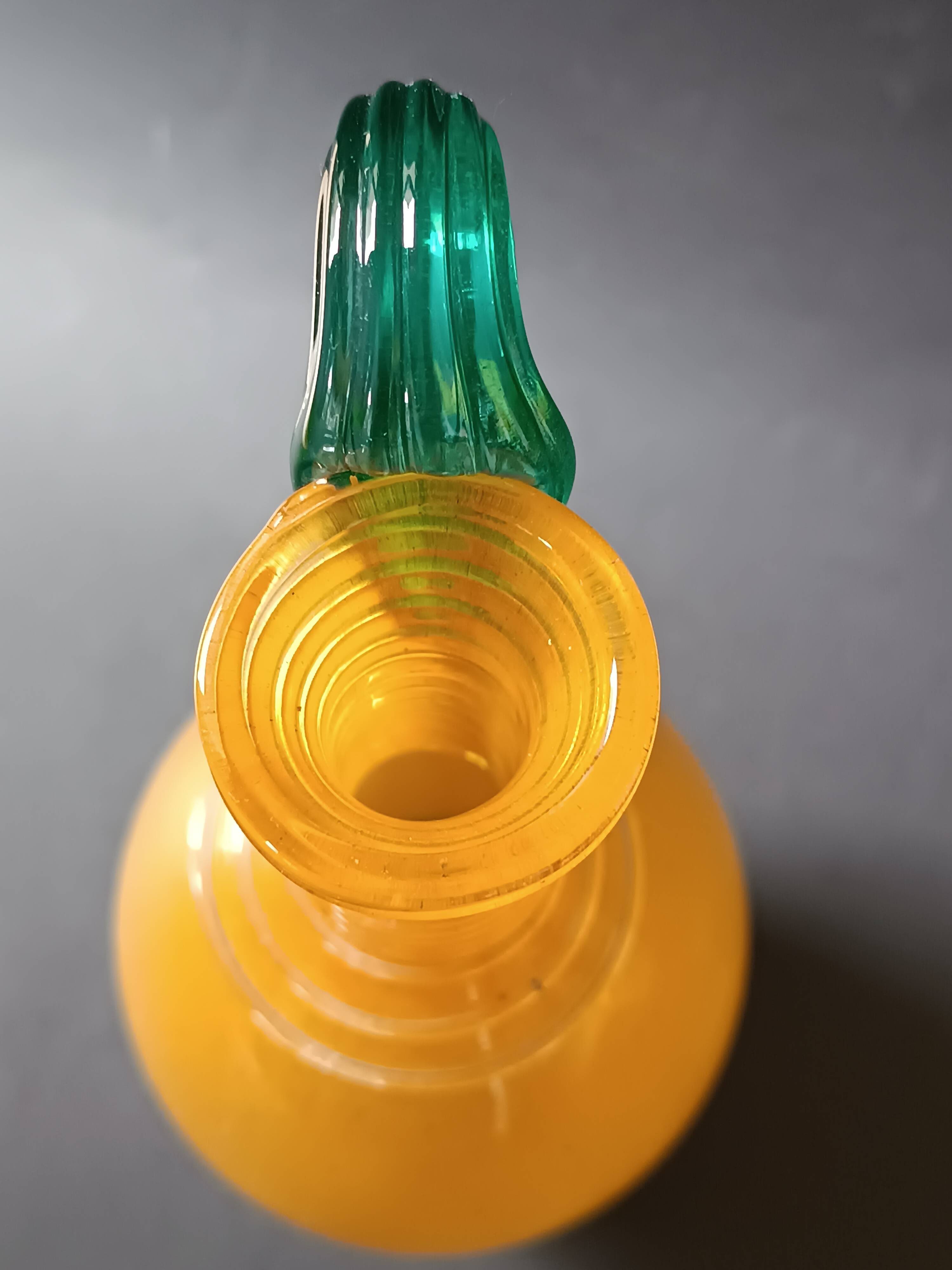 Vintage orange and green blown glass bottle, art glassware