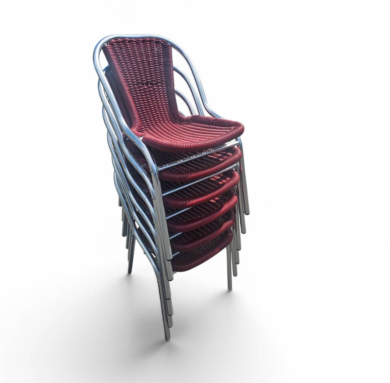 6 x red aluminium indoor/outdoor chair with synthetic weave (wicker/rattan look) 1980s