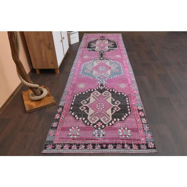 1970s Turkish Hand-Knotted Wool Cotton Purple Runner Rug 102x373