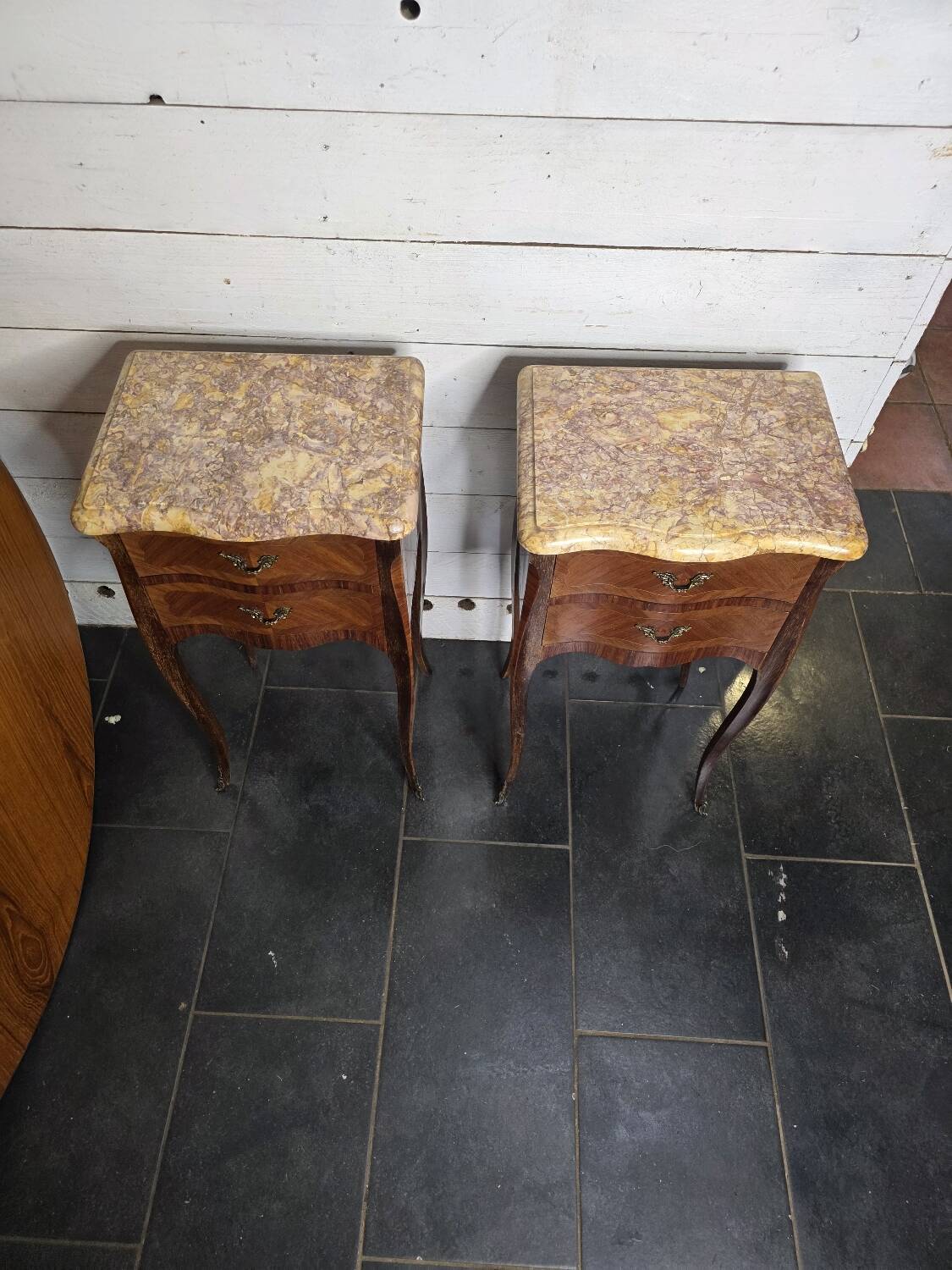 Pair of Louis XV style curved bedside tables in marquetry