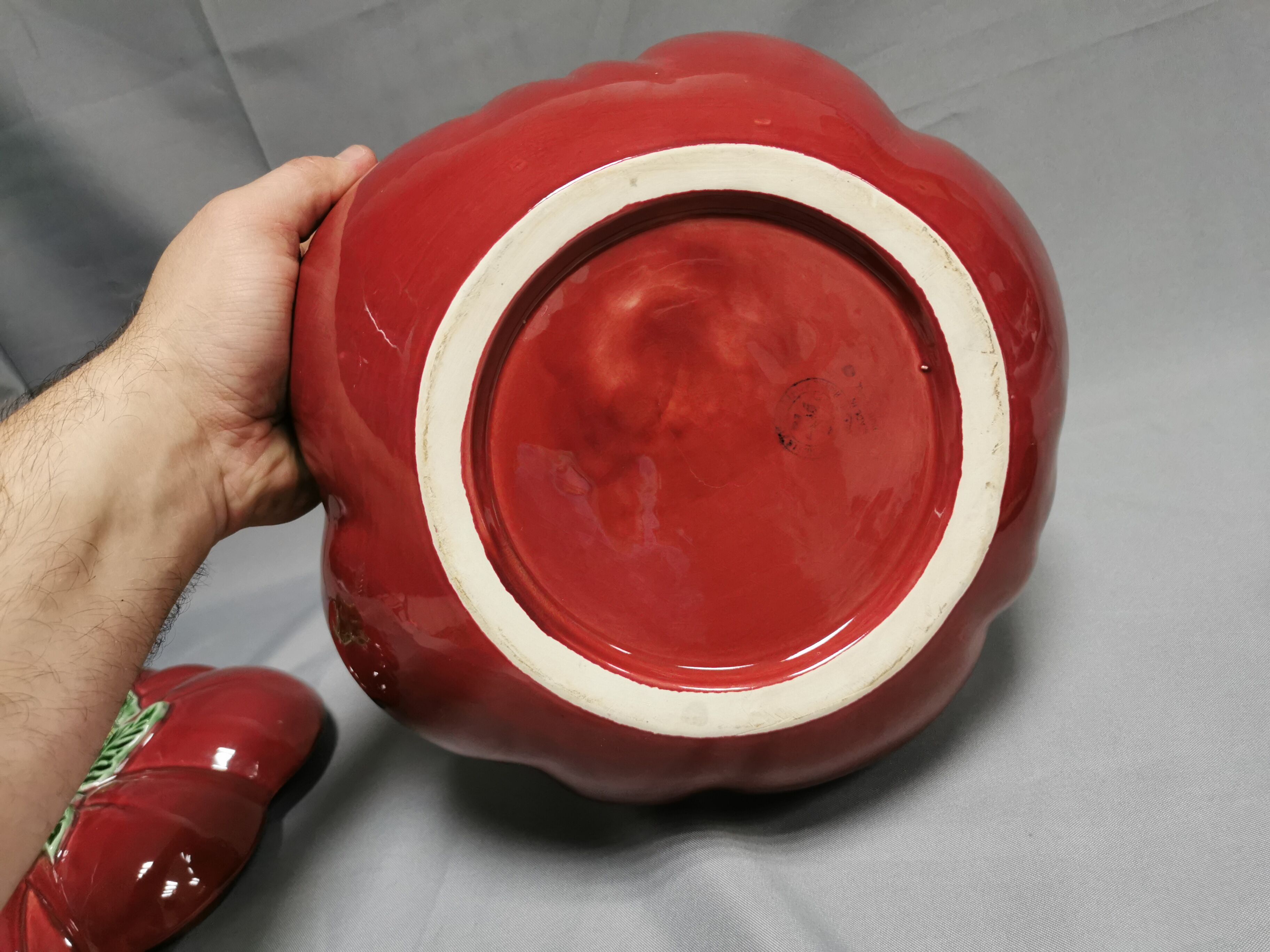 Vintage soup tureen + Trompe l'oeil sauce boat, majolica tomato shape