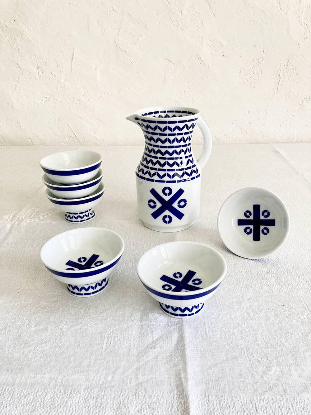 Set of six Sargadelos porcelain wine glasses and pitcher