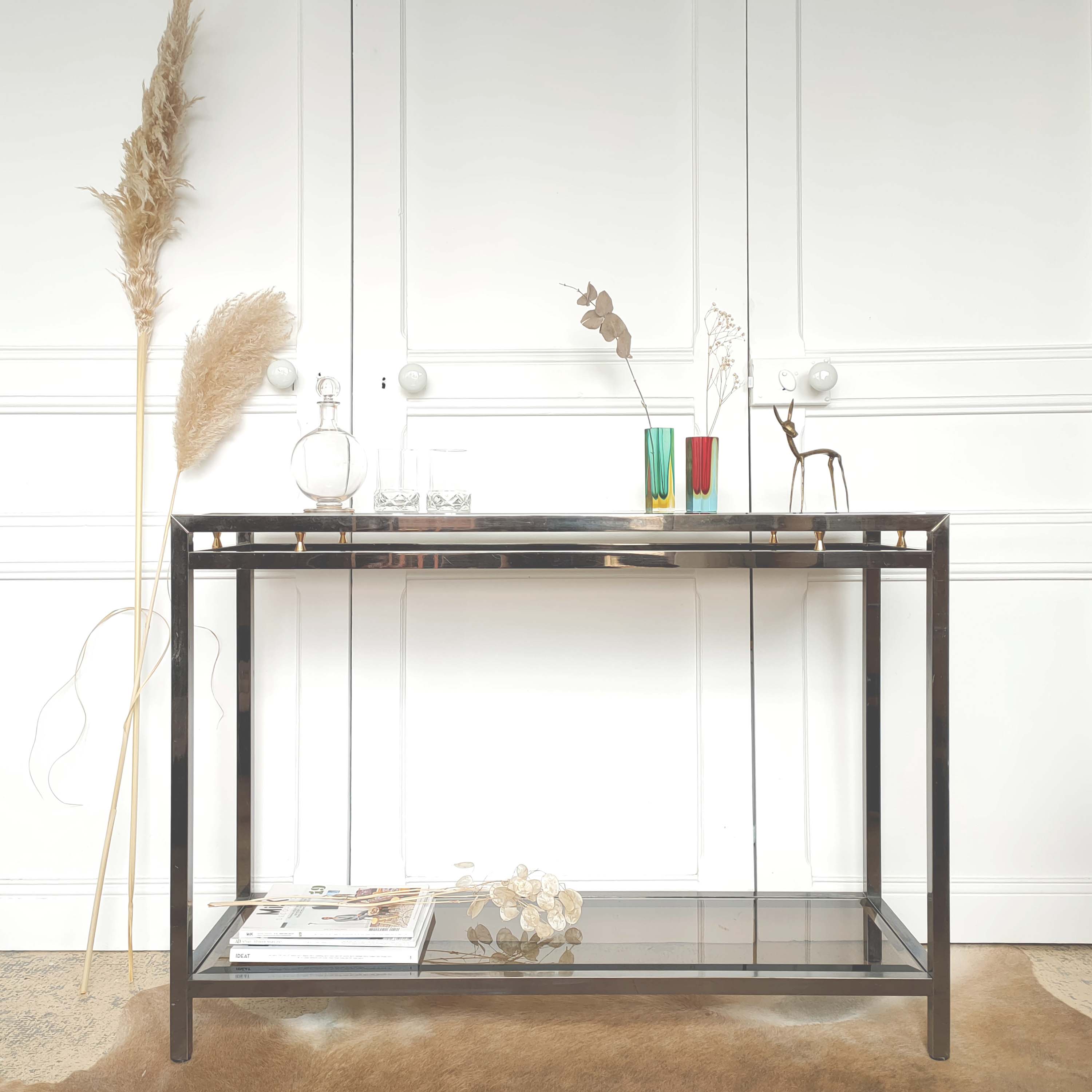 Table console vintage métal laiton et verre fumé biseauté