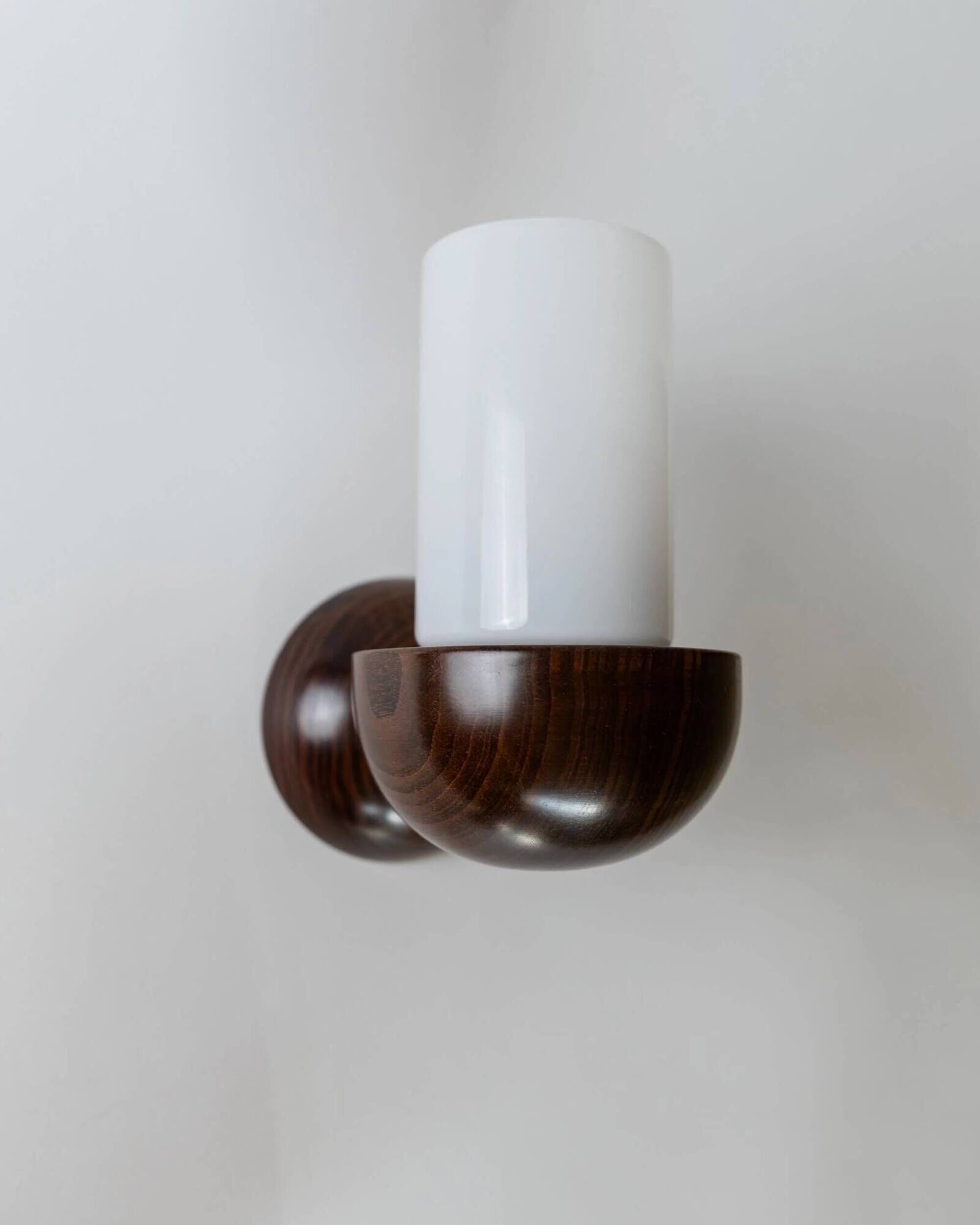 Vintage wall sconces from the 1960s, set of 2, dark wood with white glass shades, Mid-Century Modern lighting, sculptural wall sconces.