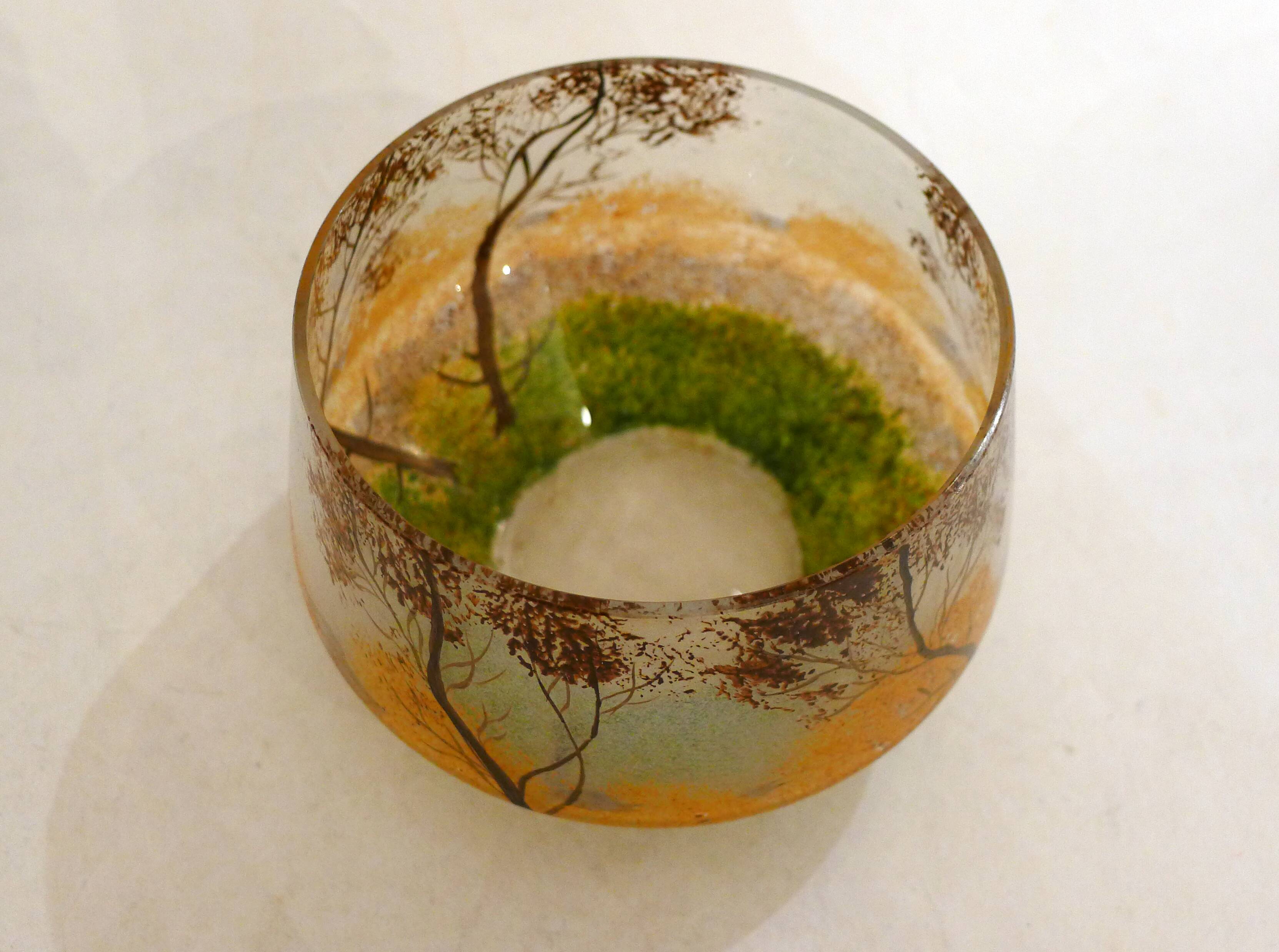 Small Art Nouveau enameled landscape vase/pot