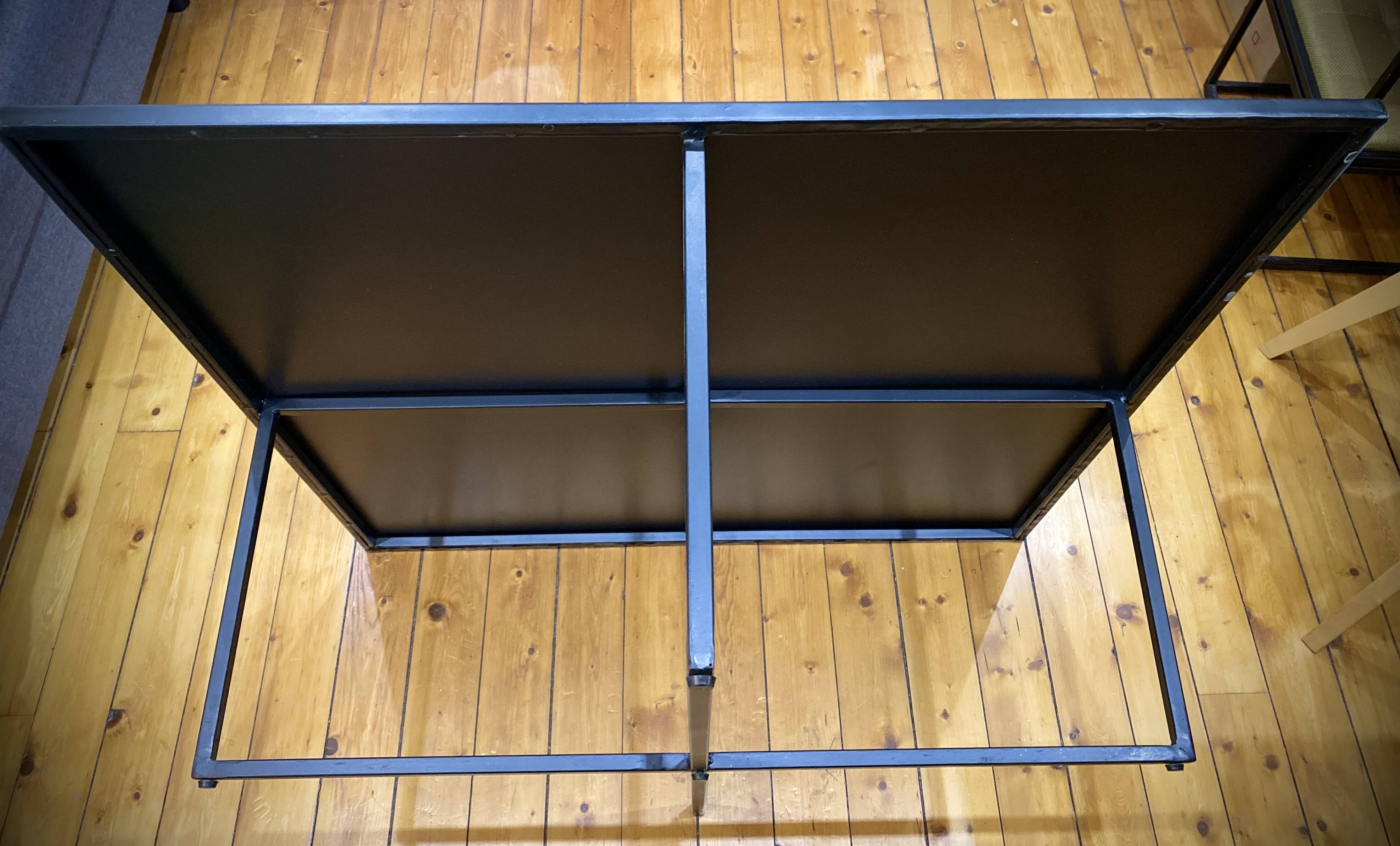 Mat black metal coffee table and 4 stackable stools.