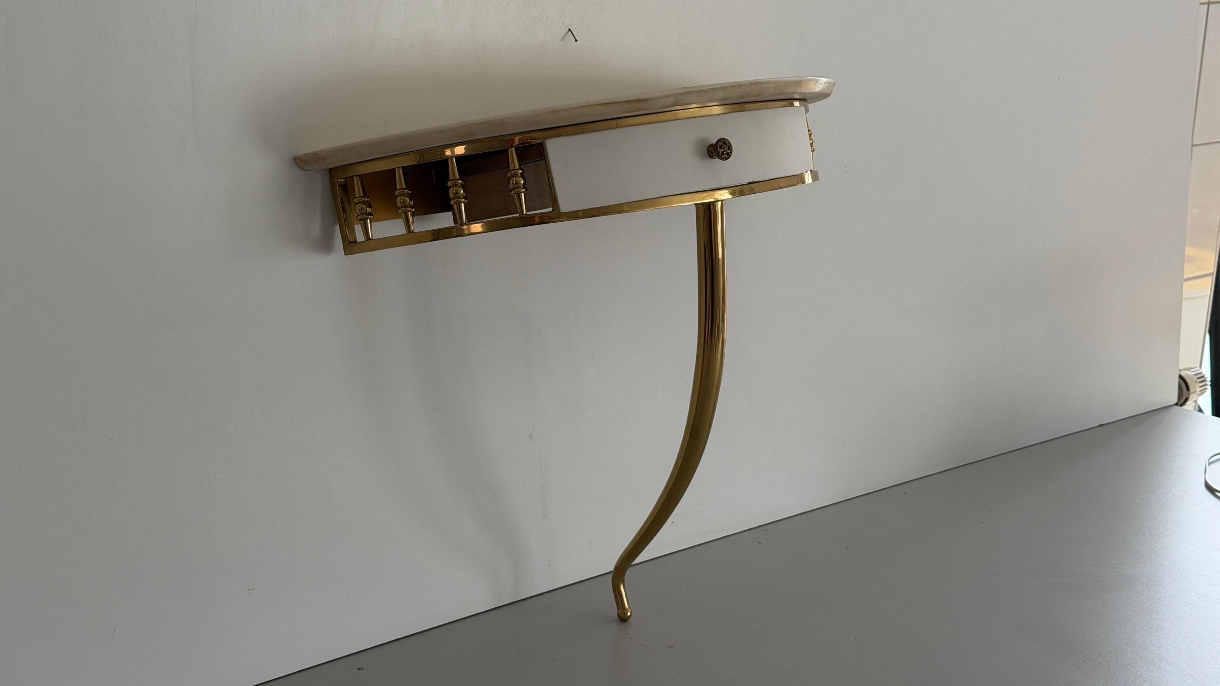 Floating wall console with drawer, brass body and marble top, 1960s, Italy