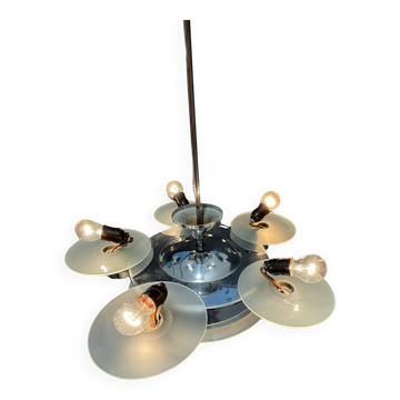 Chandelier Art Déco en chrome des années 1930 avec abat-jours en verre dépoli – Vin tchèque