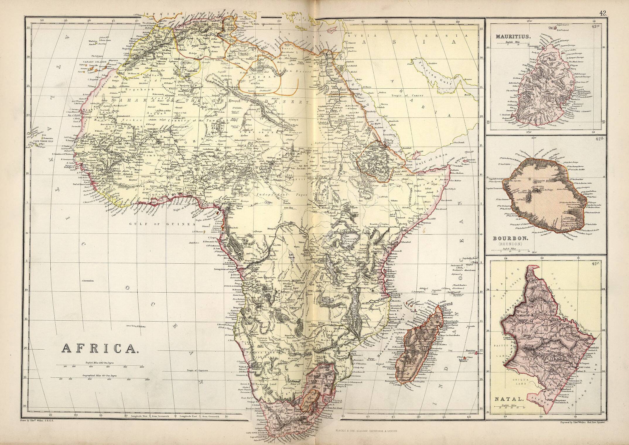 Antique map of Africa, Mauritius. Bourbon (Reunion) circa 1882, Blackie and Sons, Londn=on