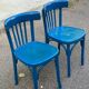 2 blue bistro chairs in curved solid wood