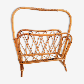 Vintage vynile disc holder in rattan and bamboo 50s 60s