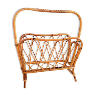 Vintage vynile disc holder in rattan and bamboo 50s 60s