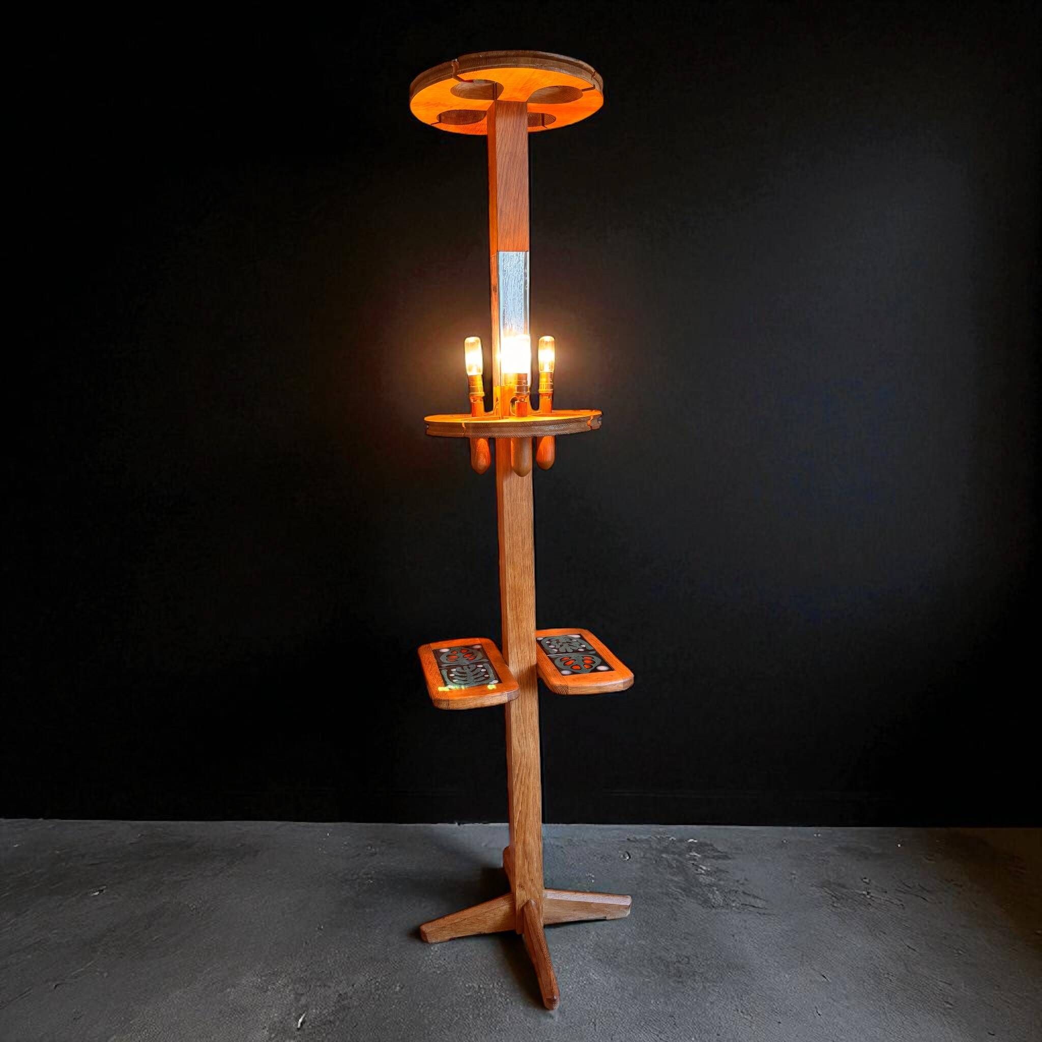 Rare oak and ceramic floor lamp – Guillerme et Chambron, 1950s
