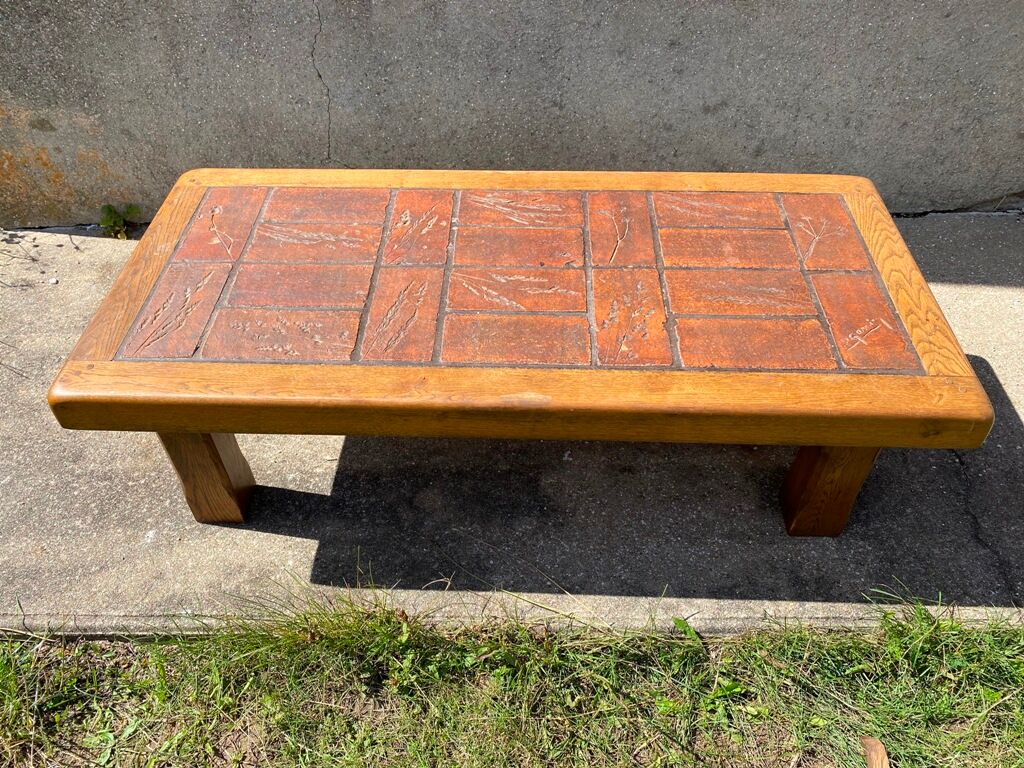 Coffee table herbarium solid oak and ceramic 1950