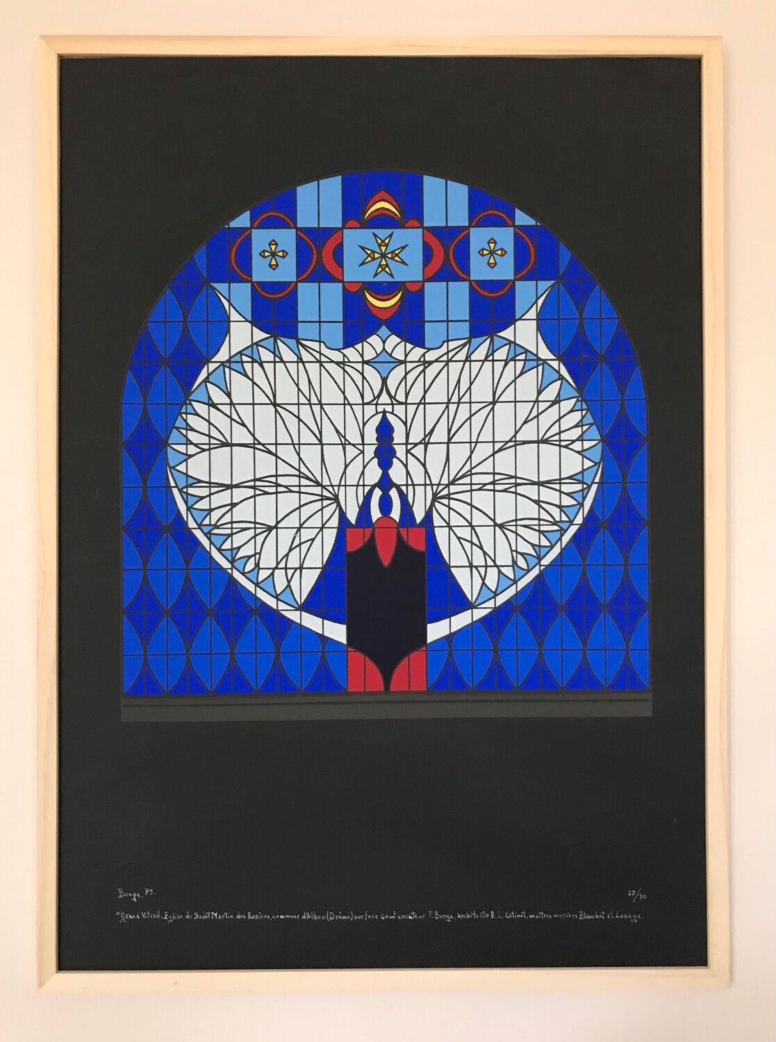 Original lithograph by franco borga. stained glass window, st-martin-des-rosiers