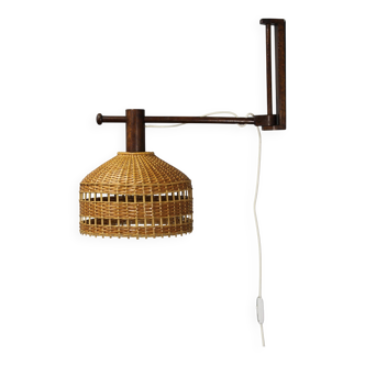 Adjustable mid-century wooden wall lamp with rattan shade, 1970s