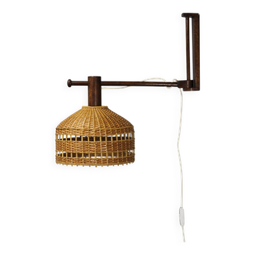 Adjustable mid-century wooden wall lamp with rattan shade, 1970s