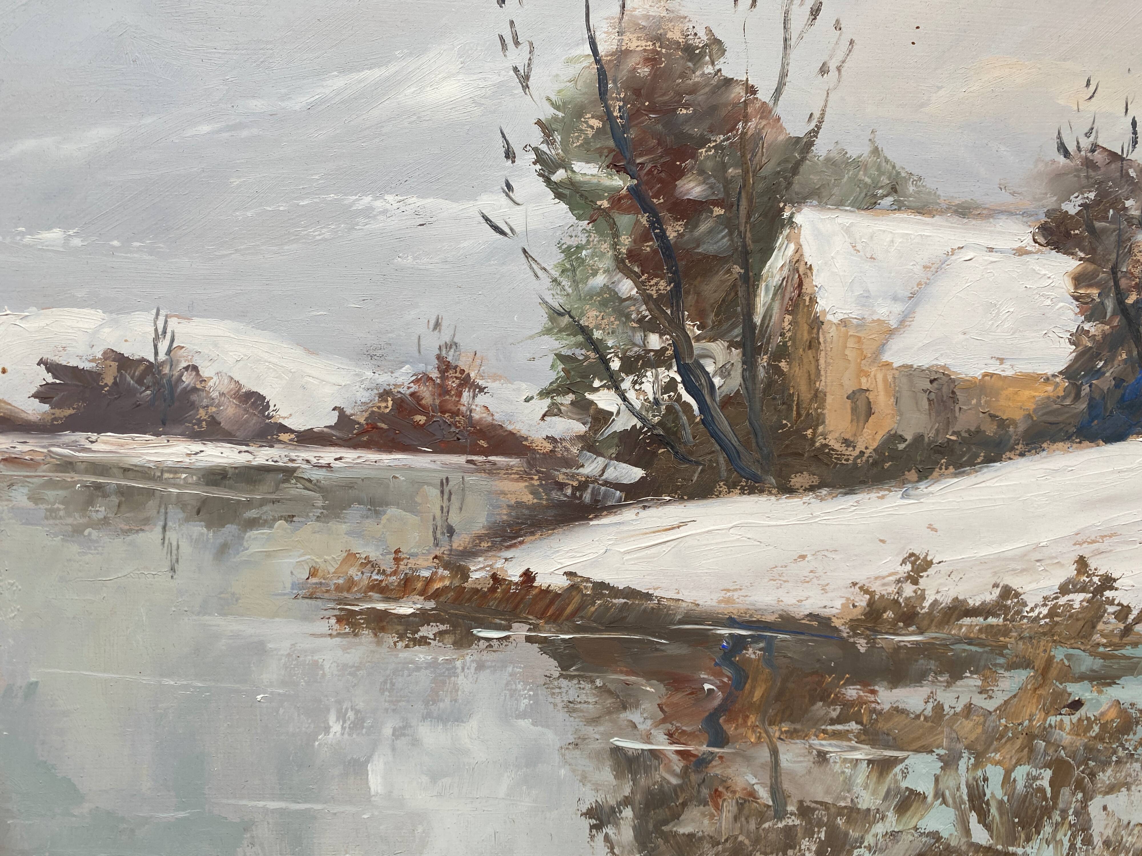 HSP painting "Landscape village winter pond" signed Charles Cuzin (1907 / 1975)