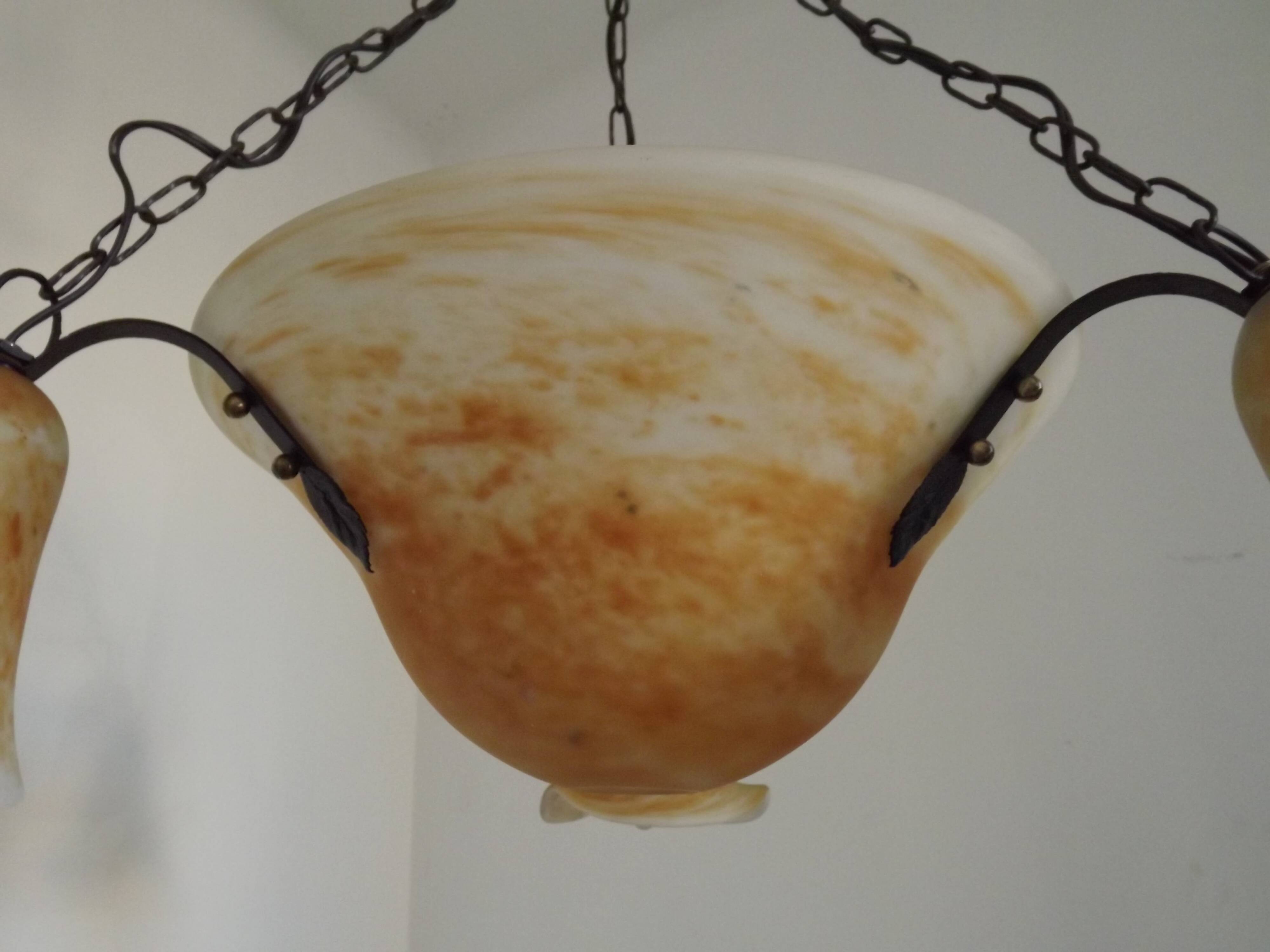 Vintage 4-light chandelier in black metal and glass, France