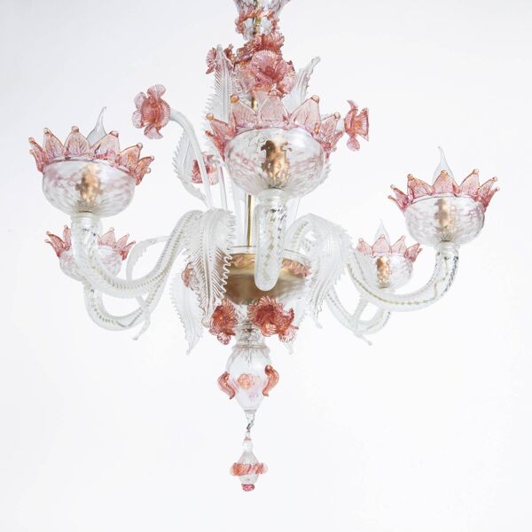 Lustre vénitien à 6 lumières en verre de Murano blanc et rose