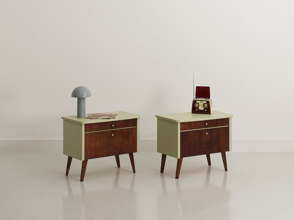 Pair of vintage bedside tables completely restyled in pale green on solid beech compass legs
