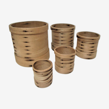 Five cylindrical boxes solid wood patinated vintage